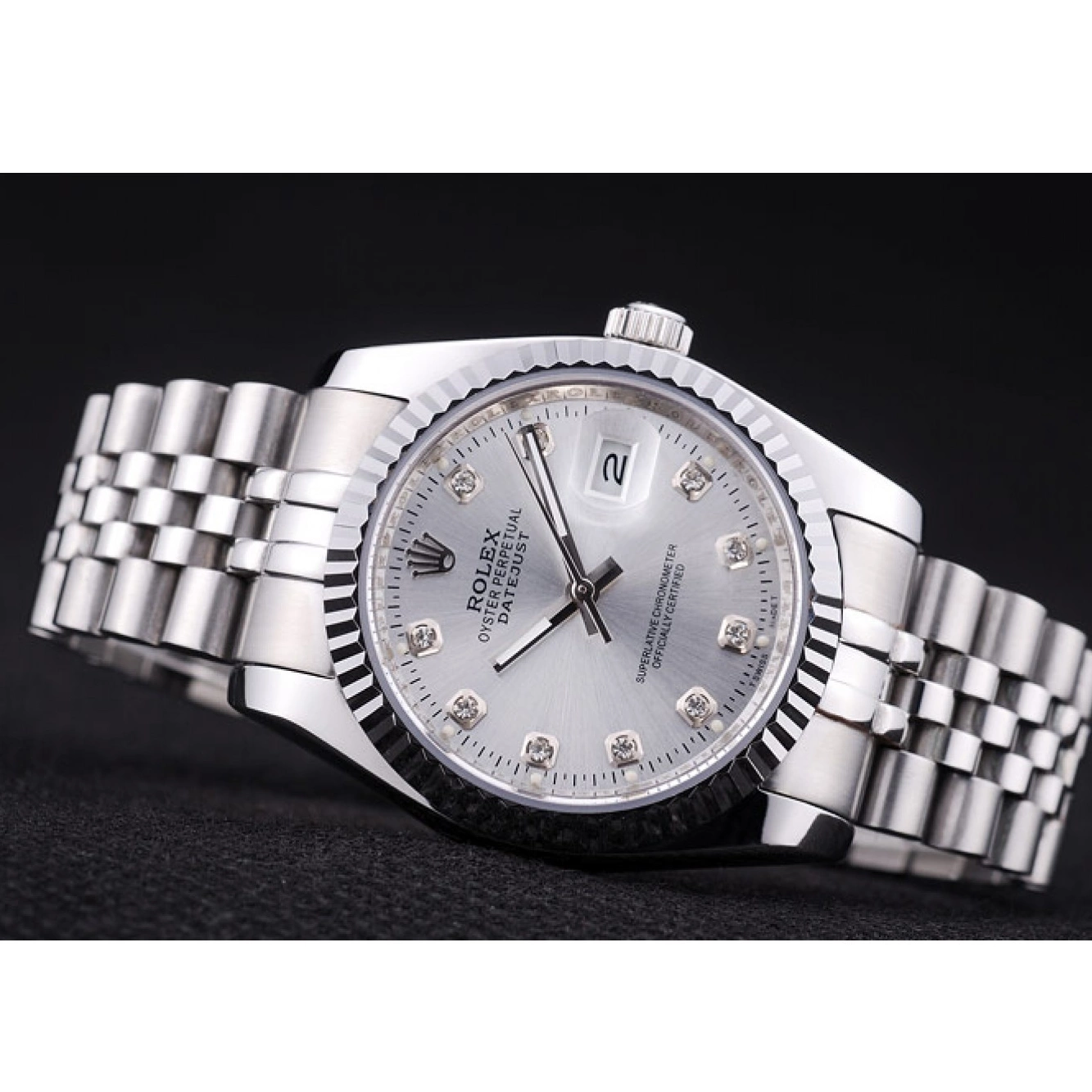 Aaa replica watch Datejust Ribbed Rolex 7455 Silver Diamonds Dial Bezel 0716